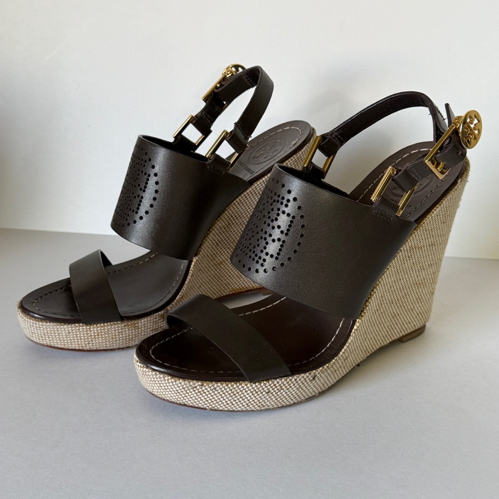 Tory Burch Kimberly Brown Leather Platform Wedge Buckle Strappy Sandals Size 7.5 - Picture 7 of 14